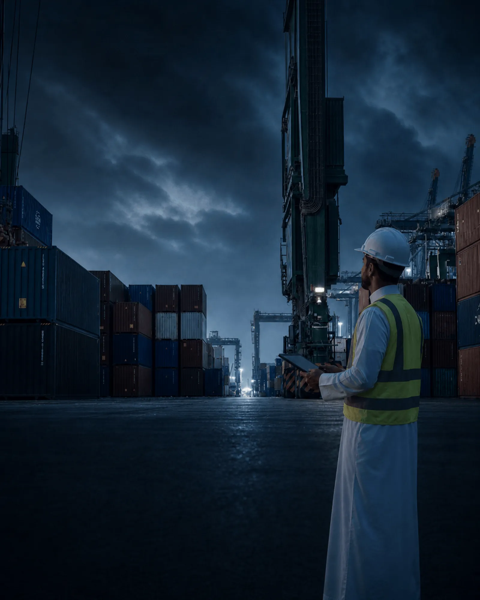 Logistics supervisor overseeing container yard operations at a port