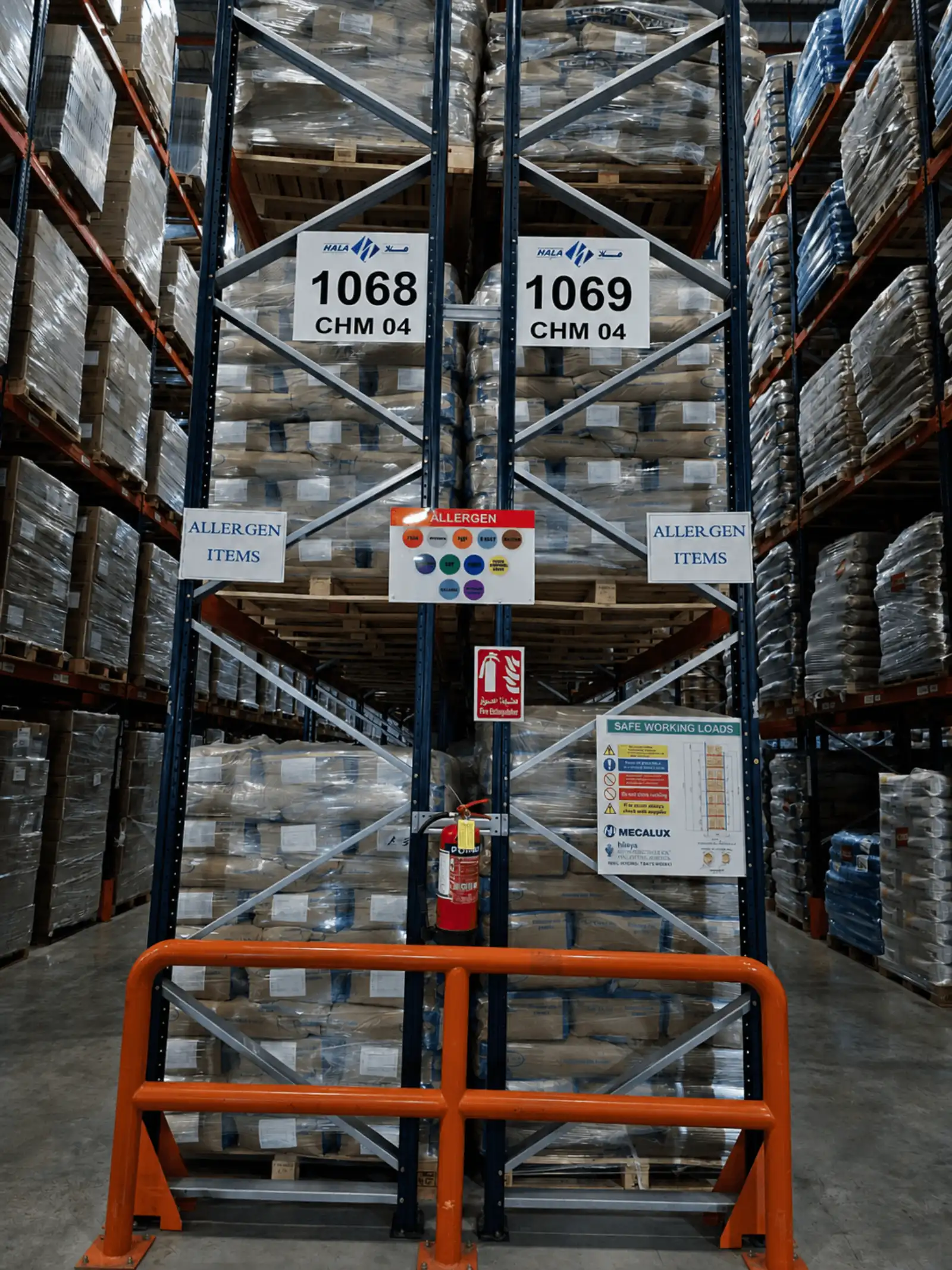 High-bay warehouse storage with palletised goods and marked rack locations