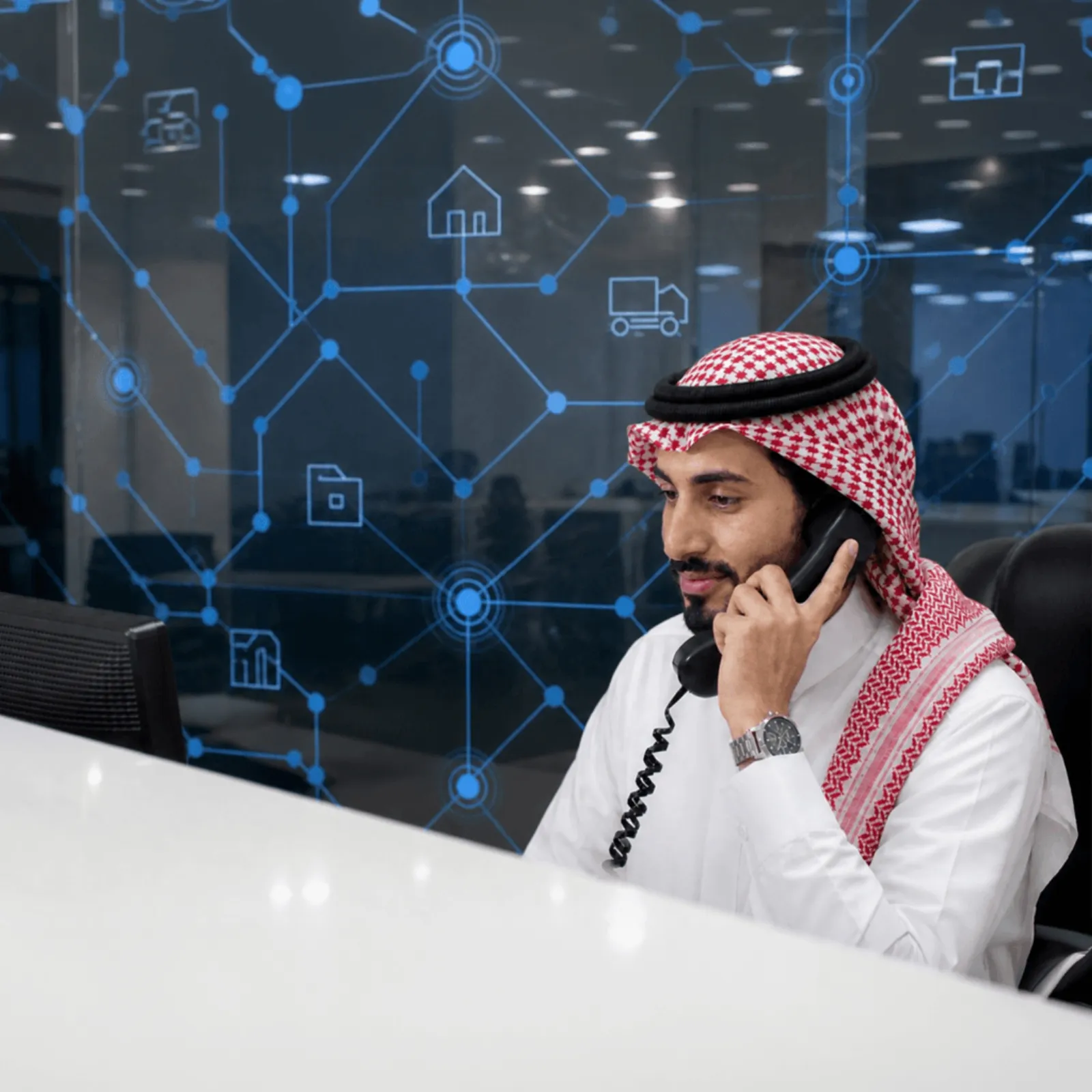 Logistics customer care specialist handling a call with network visibility graphics in the background