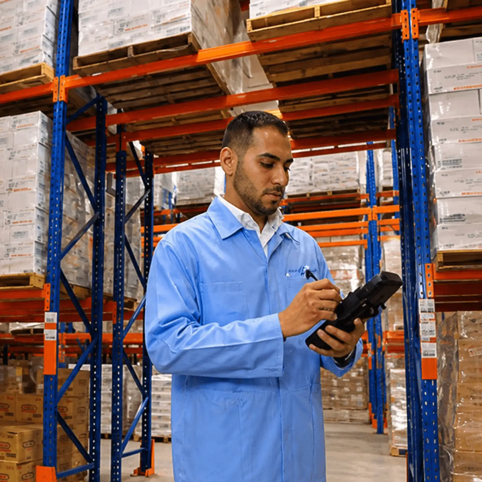 Warehouse operator using a handheld scanner between pallet racks