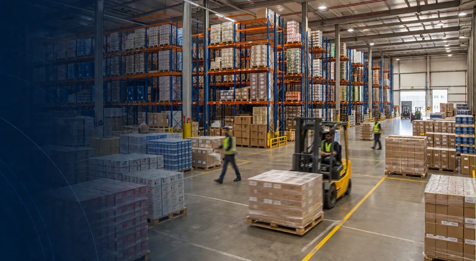 Warehouse operation with pallet movement and organised inventory staging