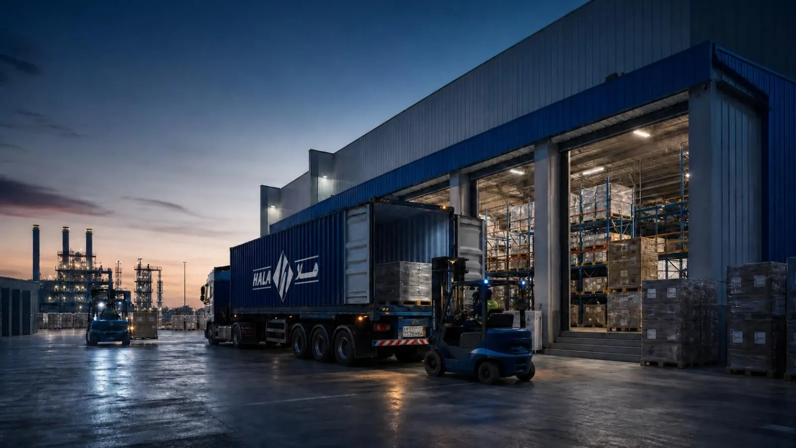 Warehouse loading operation with container dispatch at dusk