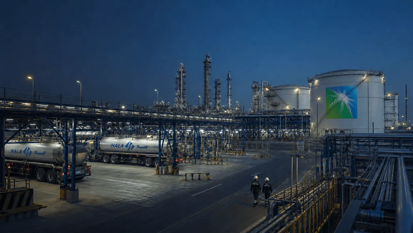 Petrochemical logistics facility with tanker loading and processing infrastructure at dusk